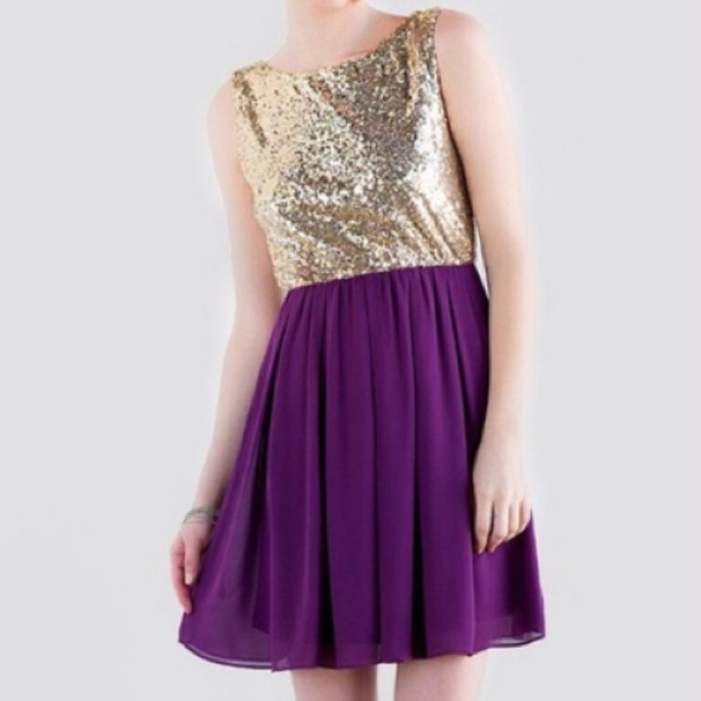 Francesca’s Purple and Gold Sequence Sleeveless Mini Dress| Chiffon skirt